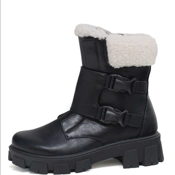 Shoes - Black & White Vegan Leather Faux Fur Lug Sole Booties